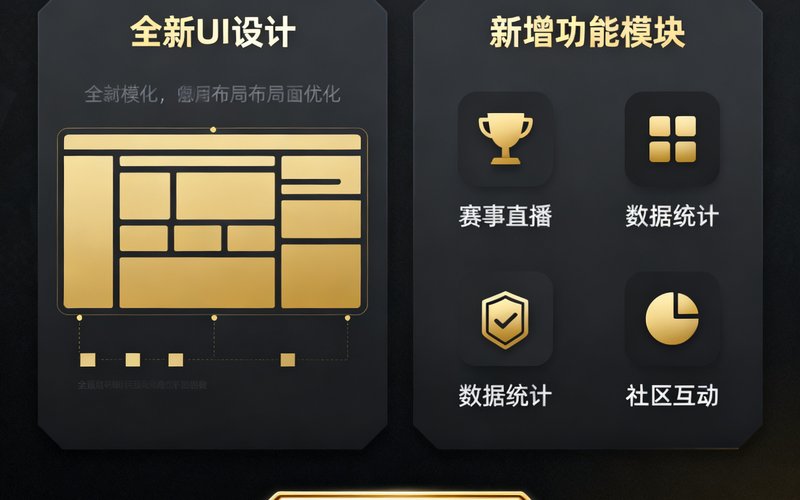 MK体育平台v5.2版本更新发布界面截图，展示全新UI设计和新增功能模块，界面以深色主题搭配金色元素