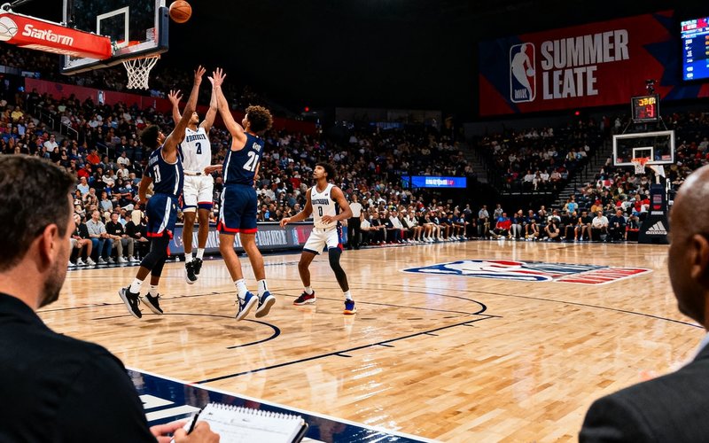NBA夏季联赛比赛现场，年轻球员在球场上激烈对抗，观众席上球探们认真记录着每位球员的表现数据